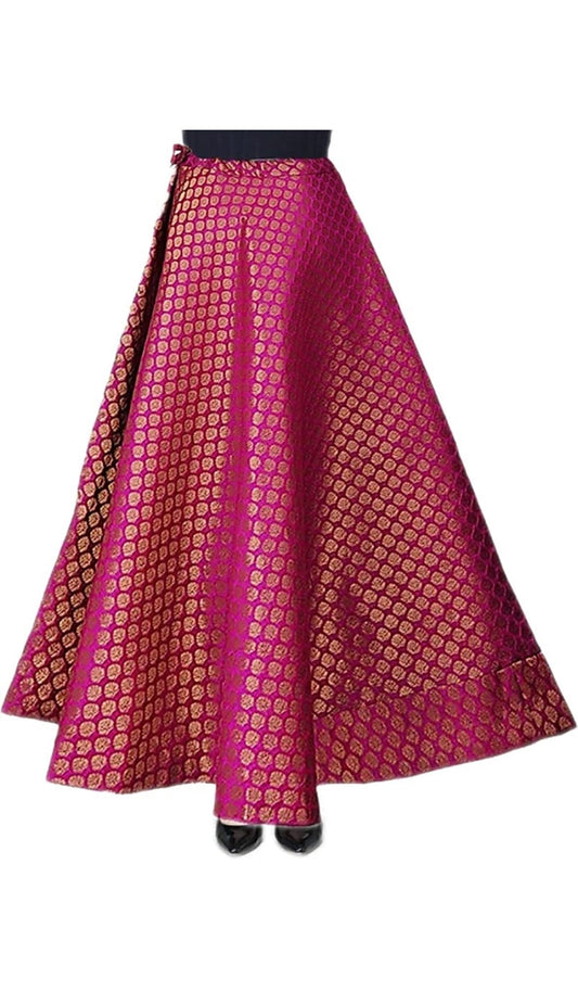 Dark Pink Woven Pure brocade silk Maxi skirt