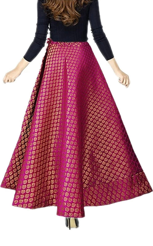 Dark Pink Woven Pure brocade silk Maxi skirt