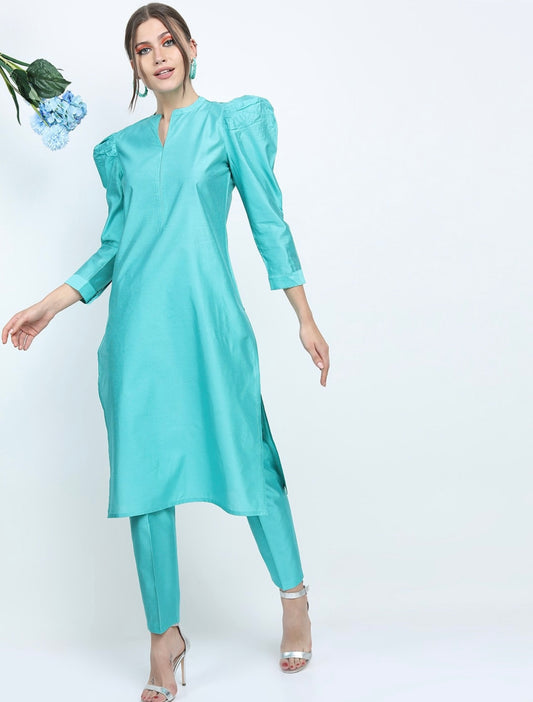 Turquoise Stylish neck balloon sleeves Kurti with straight pants