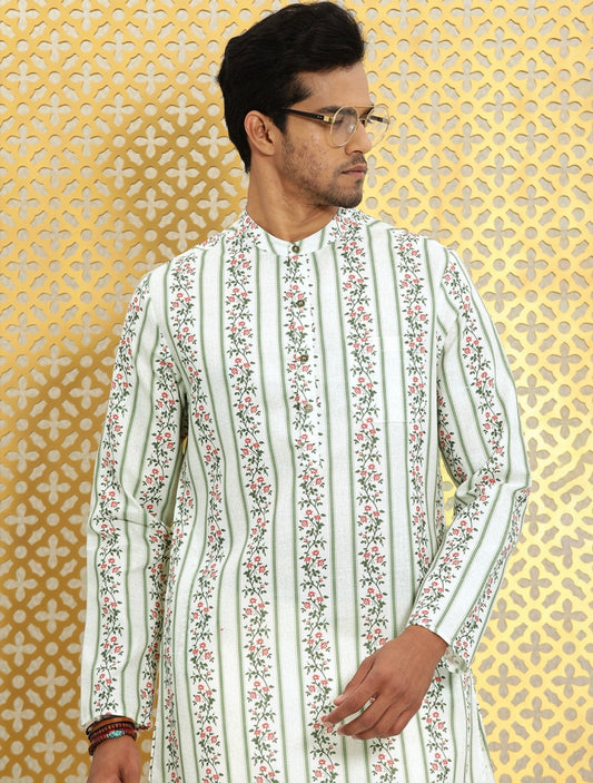 Men's Stylish Off White and Green Floral Kurta