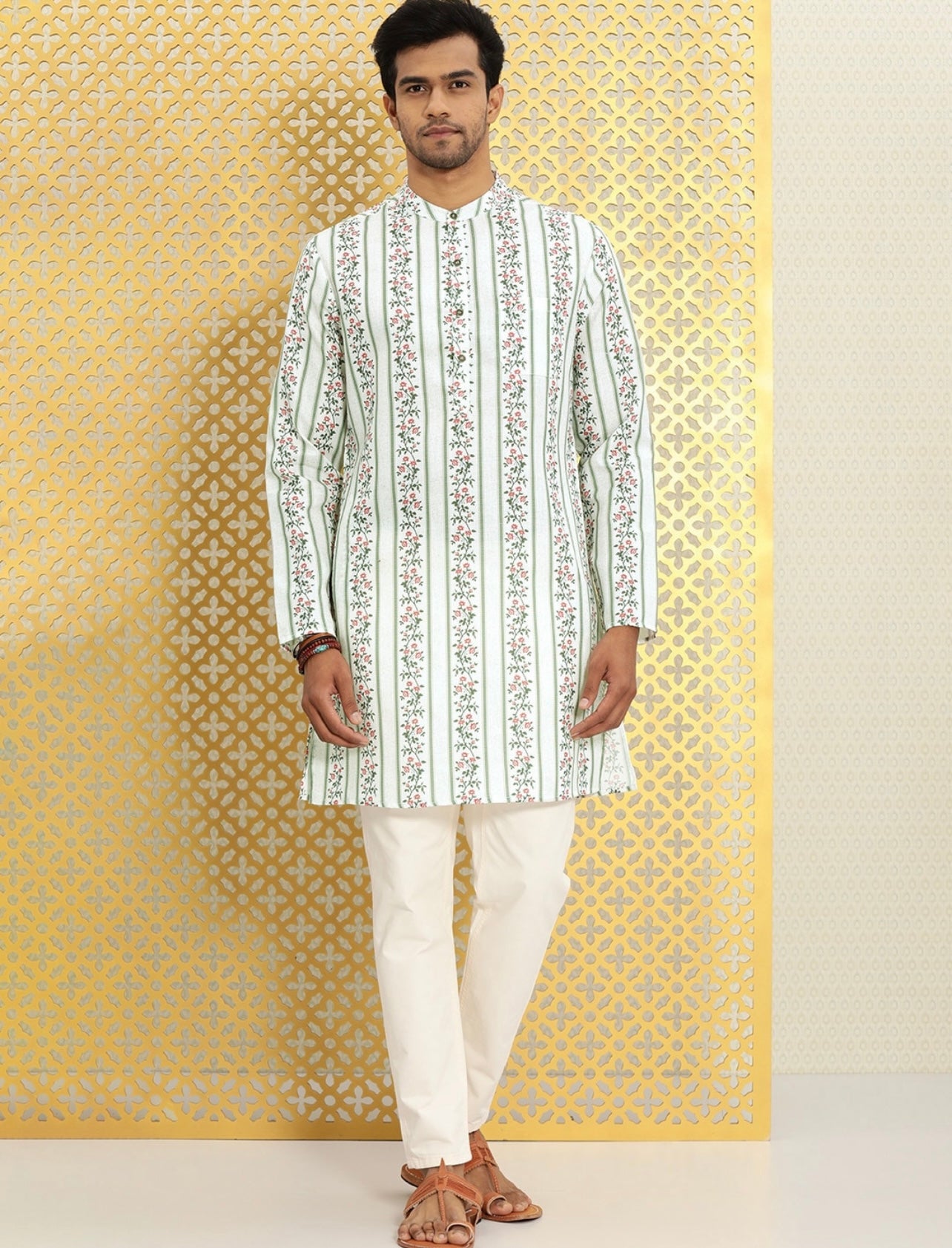 Men's Stylish Off White and Green Floral Kurta