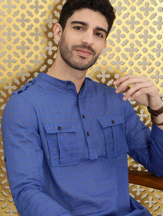 Men's Festive Pathani checkered Blue Kurta with Front Pockets