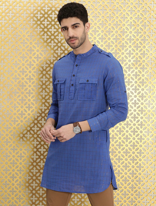 Men's Festive Pathani checkered Blue Kurta with Front Pockets