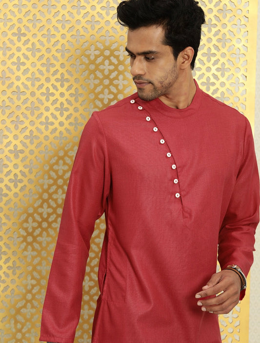 Men's Stylish Side buttons Red Kurta