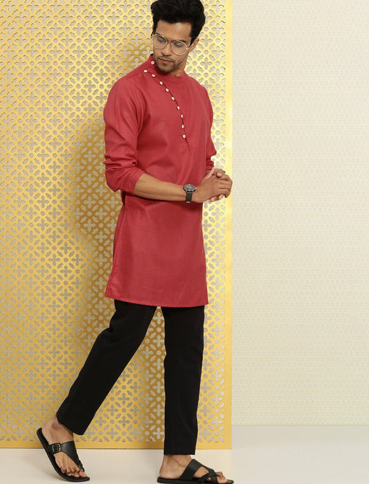 Men's Stylish Side buttons Red Kurta