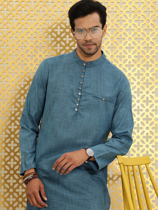 Men's Teal Stylish Asymmetric Kurta