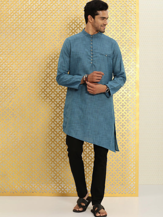 Men's Teal Stylish Asymmetric Kurta