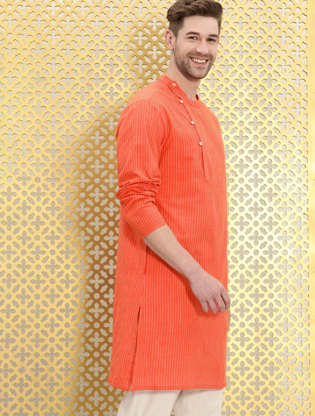 Men's Stylish Orange Side neck kurta