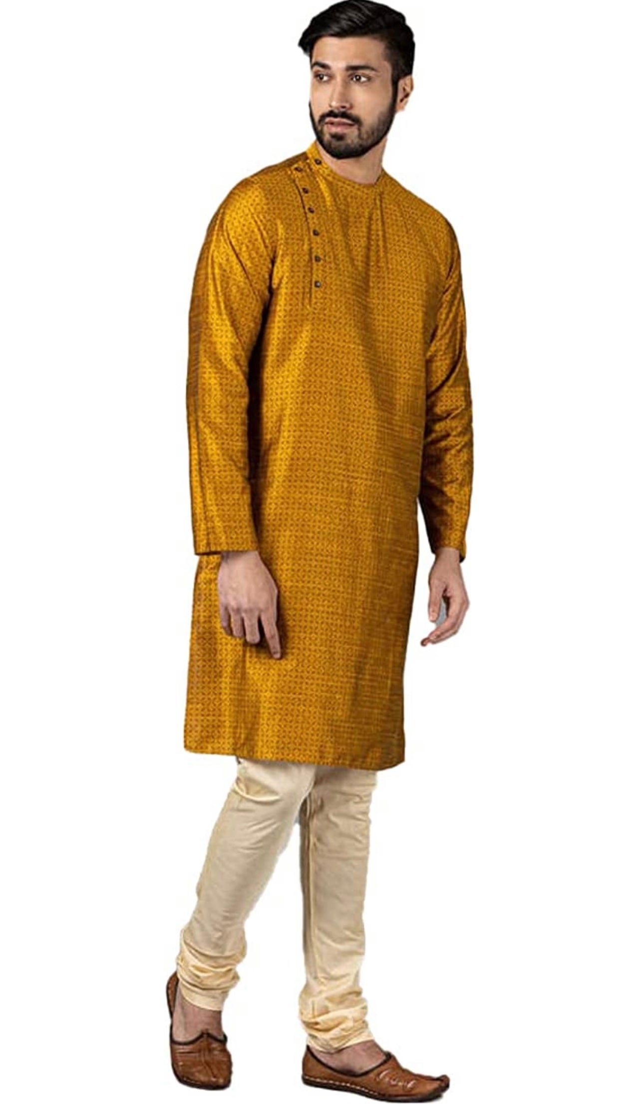 Men's Yellow Silk trendy Side button Kurta