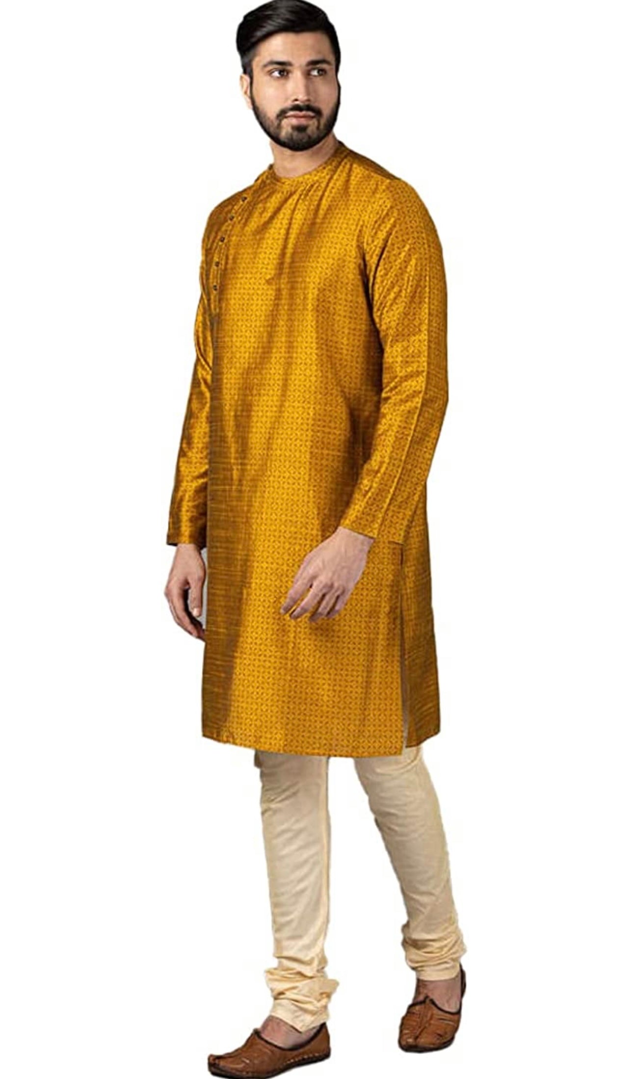 Men's Yellow Silk trendy Side button Kurta