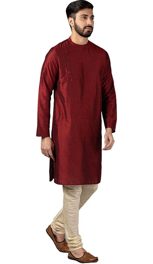 Men's Maroon Silk Side Button Kurta