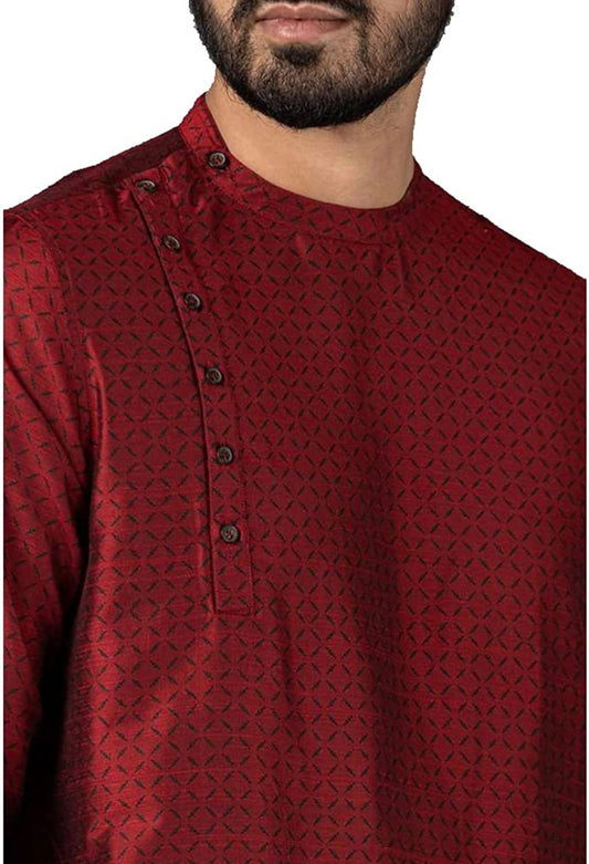 Men's Maroon Silk Side Button Kurta