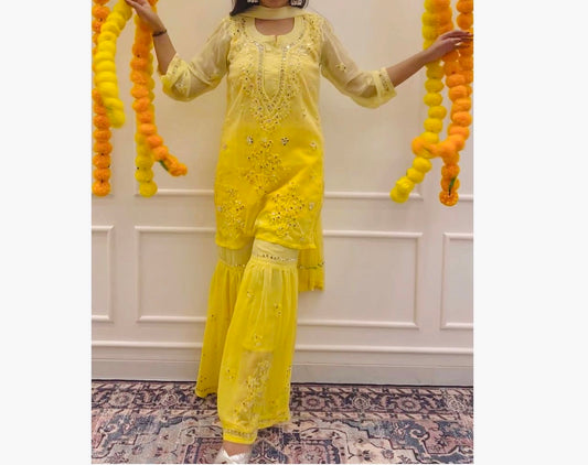 lemon Yellow Lucknowi Heavy Mirror work Sharara set