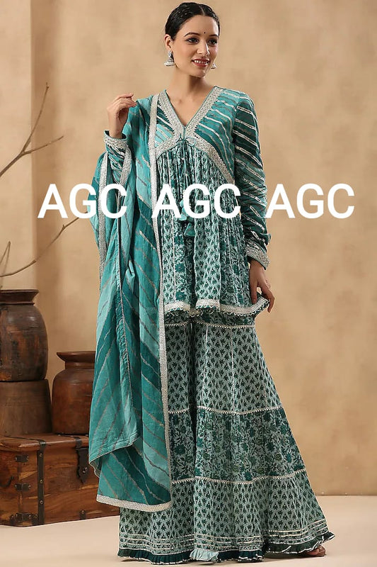 Teal Alia Cut Heavy Gota work Sharara set