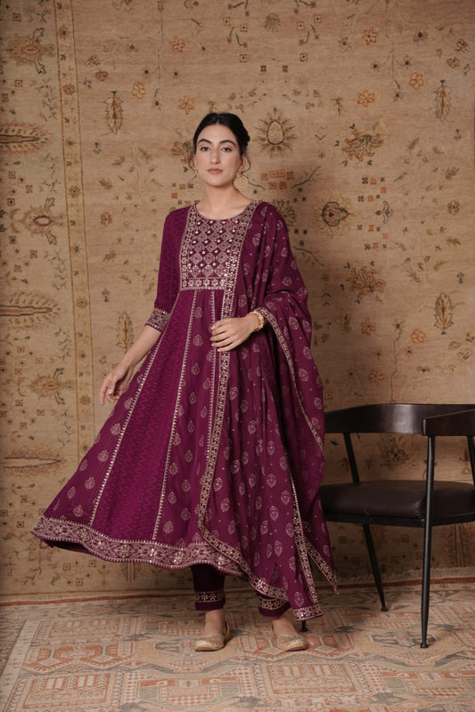 Premium Quality Heavy Embroidery and Mirror Rayon Anarkali Kurta set