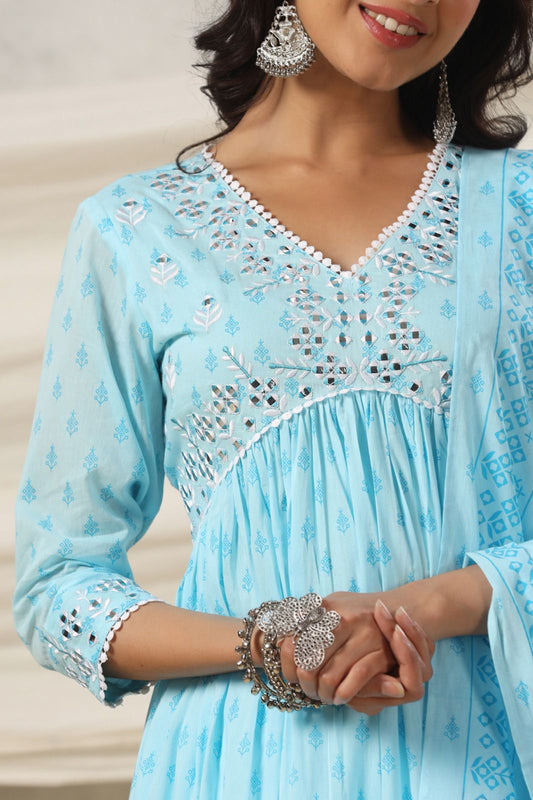 Sky Blue Mirror work Alia cut Kurta set