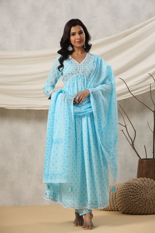 Sky Blue Mirror work Alia cut Kurta set