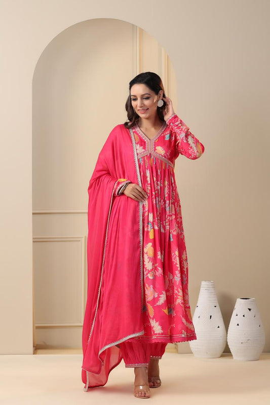 Hot Pink Elegant Muslin Silk Alia cut kurta set