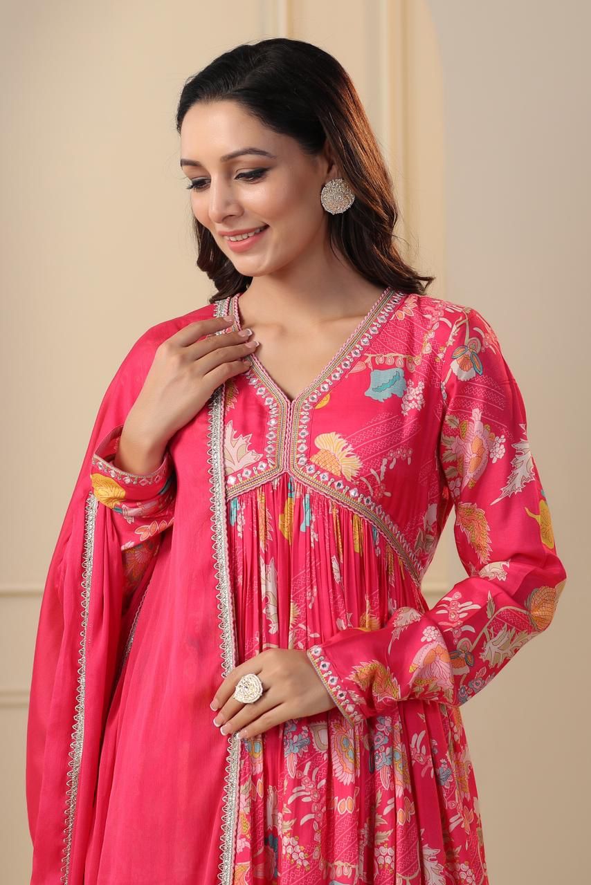 Hot Pink Elegant Muslin Silk Alia cut kurta set