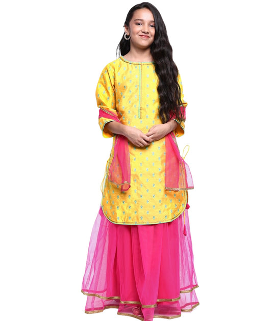 Indi Kids Beautiful Yellow and Pink Partywear Sharara suit