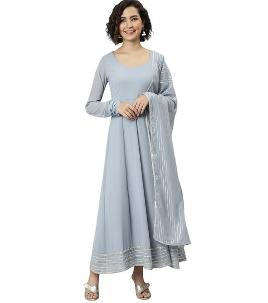 Full Sleeves Floor length Grey Anarkali and Dupatta set. No