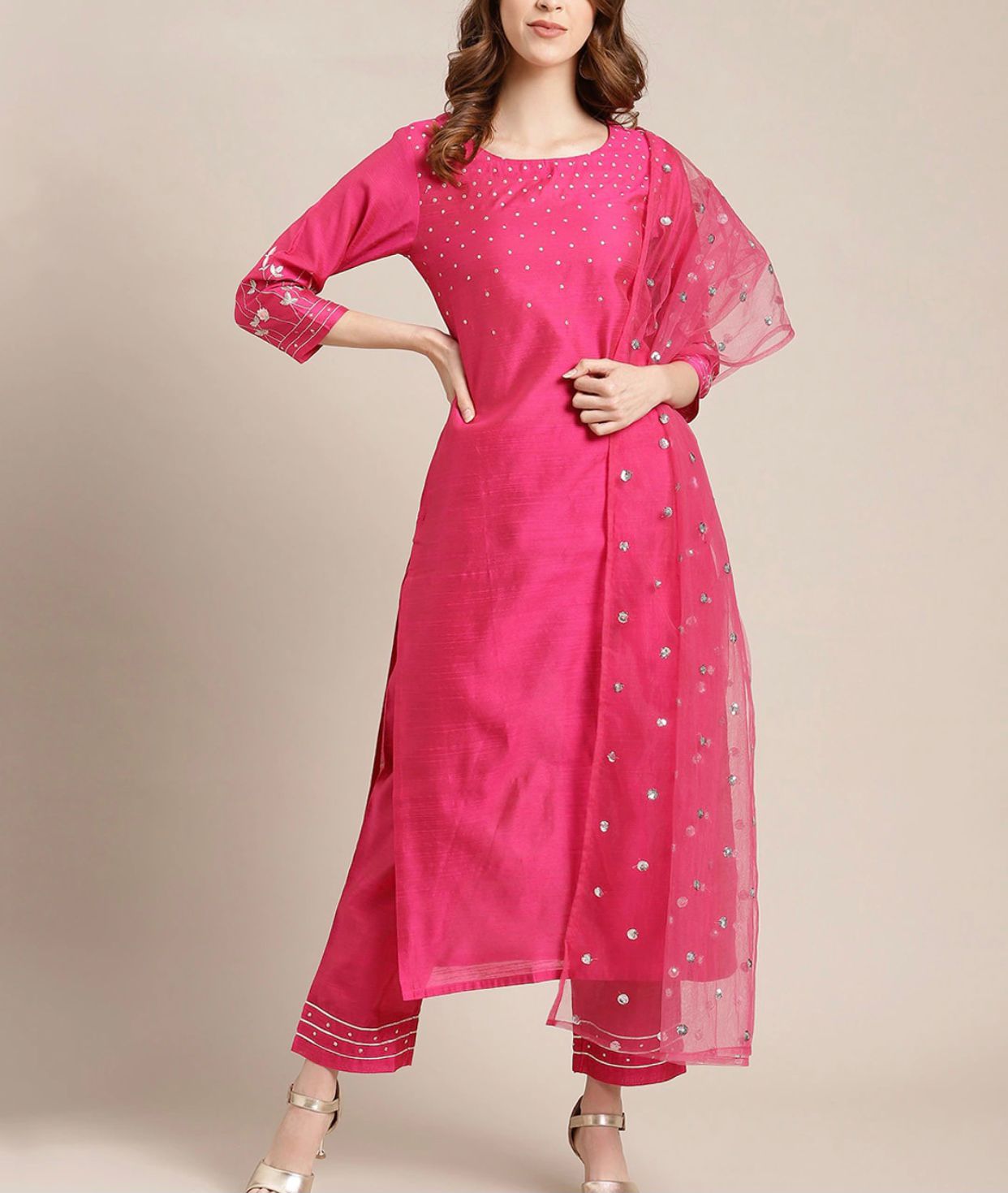 Hot Pink Chanderi Silk Embroidered Silk kurta set