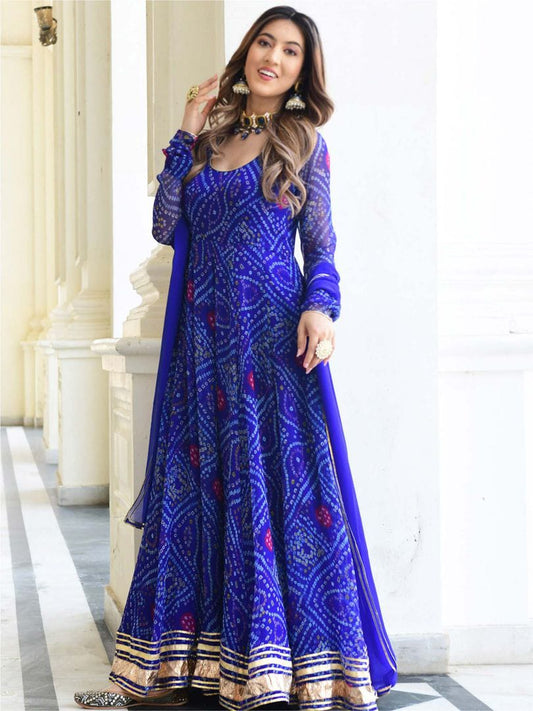 Royal Blue Bandhni Printed Heavy flared Anarkali Kurta set