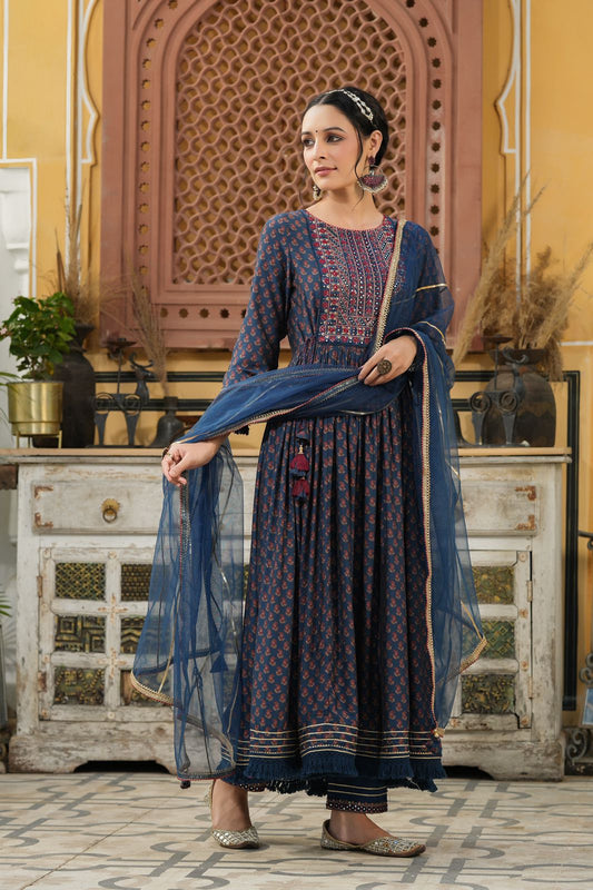 Blue Premium Quality Mirror work Anarkali Kurta Set