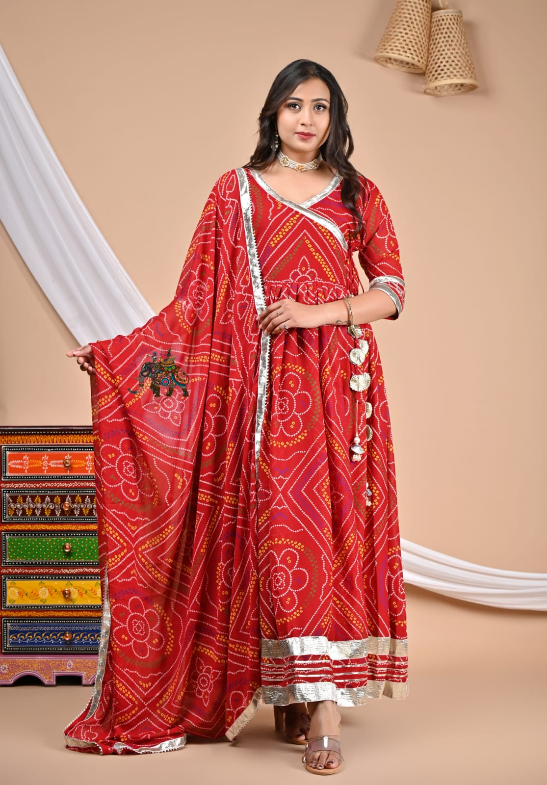 Red Bandhni Georgette Anarkali Kurta Set with Gota Work