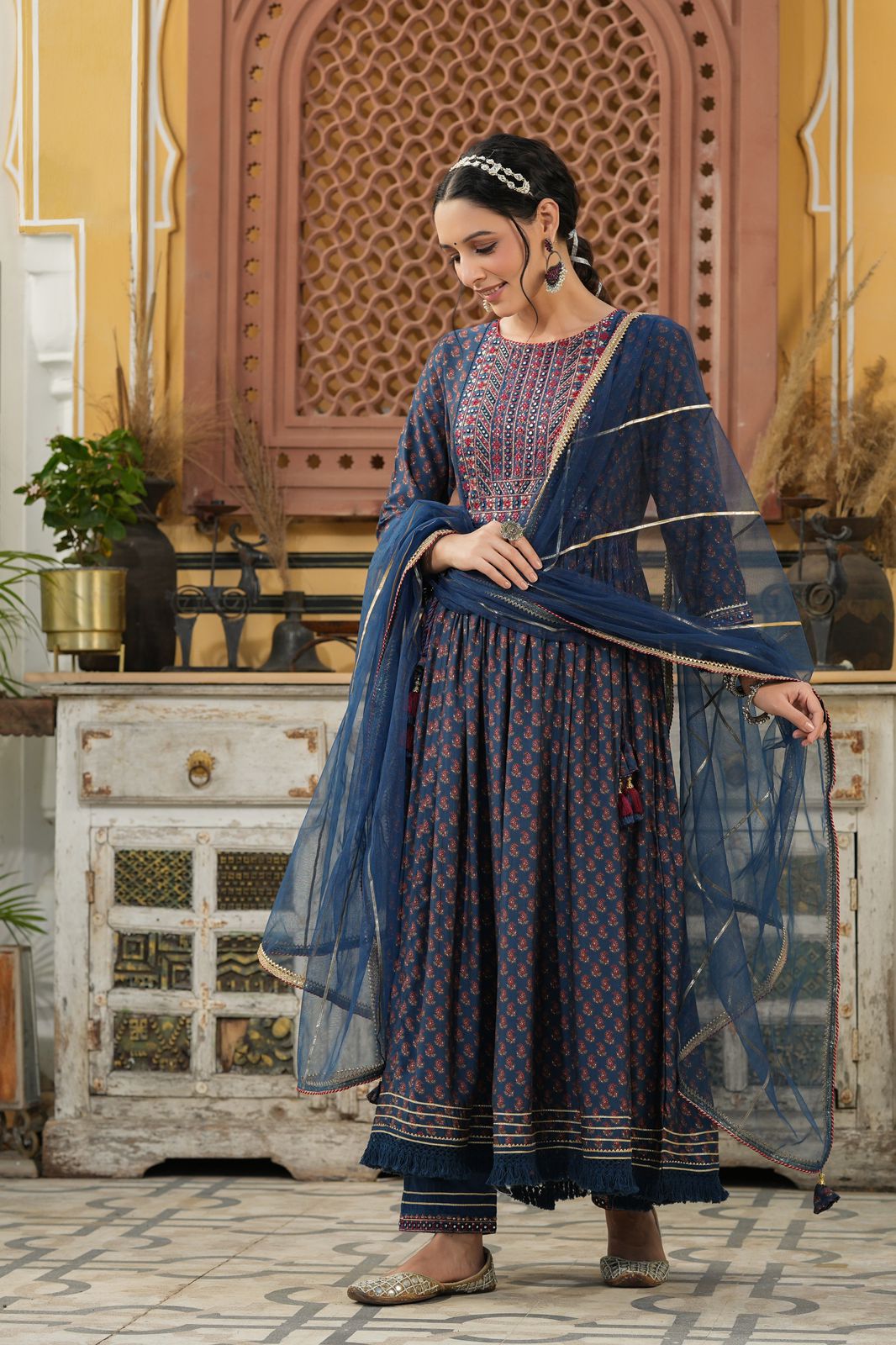 Blue Premium Quality Mirror work Anarkali Kurta Set