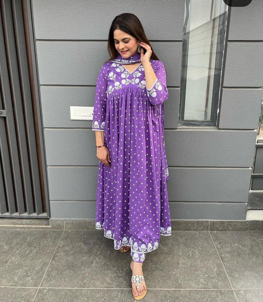 Purple mulmul Alia Cut kurta set with heavy embroidery