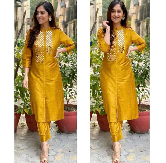 Mustard Rayon Kurta set with real Mirror work yoke
