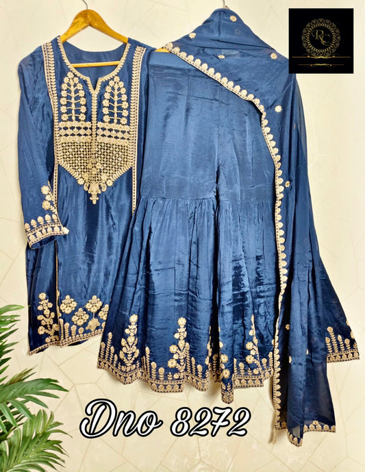 Navy Blue Chinnon Heavy handwork Sharara Suit