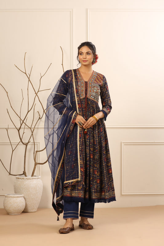 Navy Blue Floral Heavy Embroidery and mirror work Anarkali Kurta Set