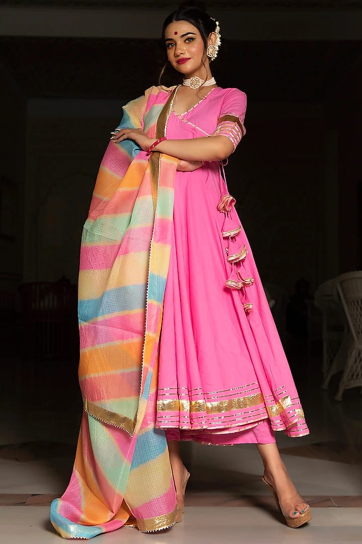 Elegnat Pink Angrakha Anarkali Kurta Set