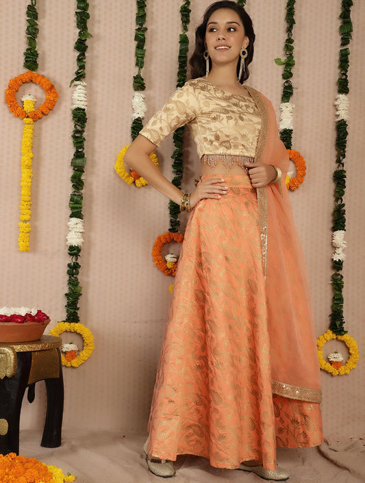 Peach and gold brocade lehenga choli