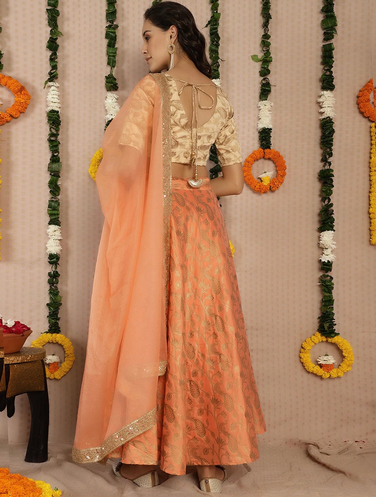 Peach and gold brocade lehenga choli