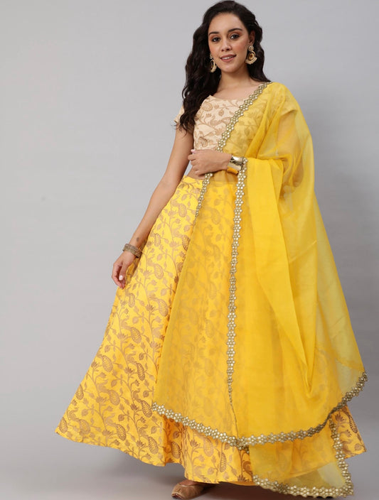 Yellow and gold Brocade Silk lehenga choli