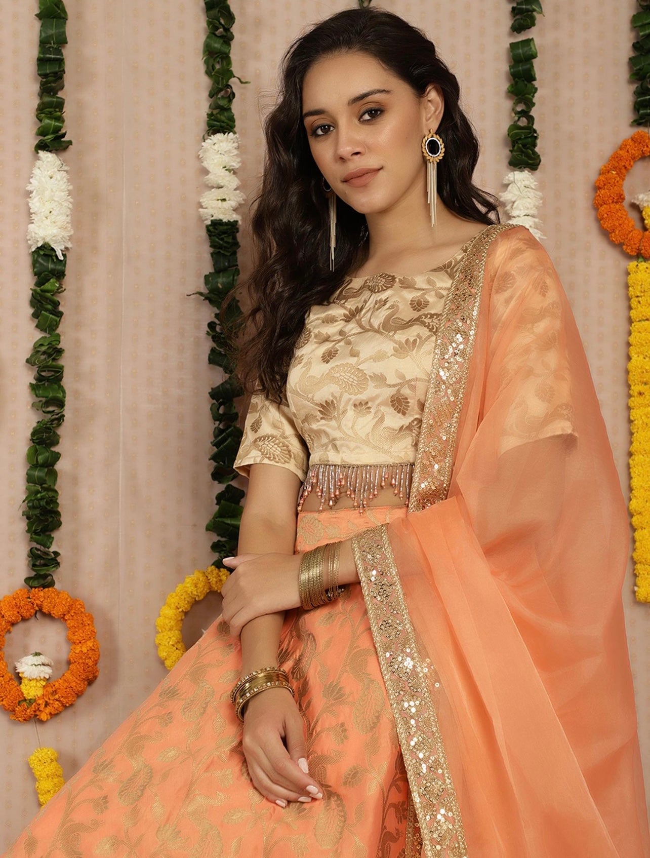 Peach and gold brocade lehenga choli