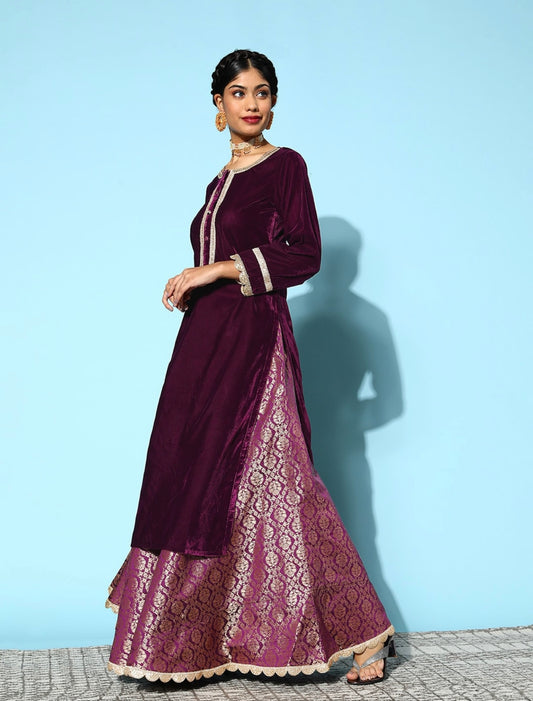 Purple Velvet Kurta with Jacquard skirt and dupatta