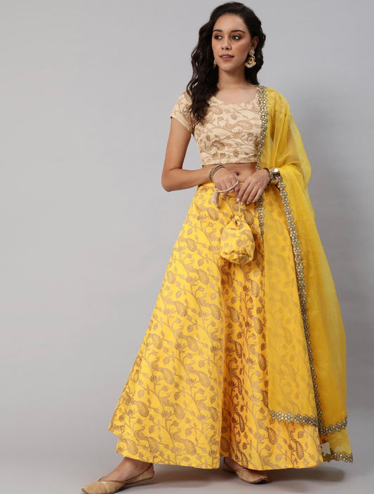 Yellow and gold Brocade Silk lehenga choli